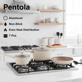 بنتولا طقم قدور 7 قطع ألومنيوم غير لاصق مع أغطية زجاج، أوف وايت