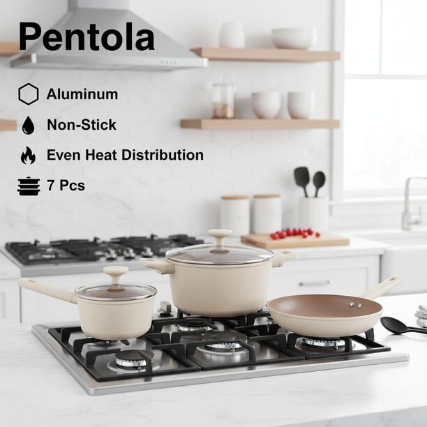 بنتولا طقم قدور 7 قطع ألومنيوم غير لاصق مع أغطية زجاج، أوف وايت image number 0