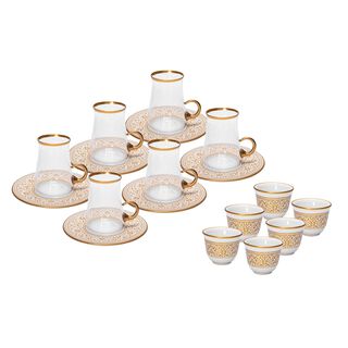 18 Pieces Tea Metalic Plate And Arabic Glass Kawa Set With Golden Glass Handle