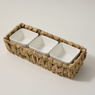 3Pcs Porcelain Square Dish With Rattan Basket