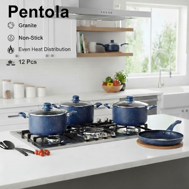 بنتولا طقم قدور جرانيت غير لاصق 12 قطعة، أزرق image number 0