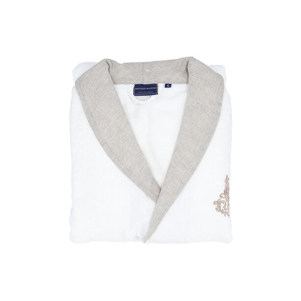 Embroidered Shawl Collar Bathrobe With Linen Cuff White L image number 1