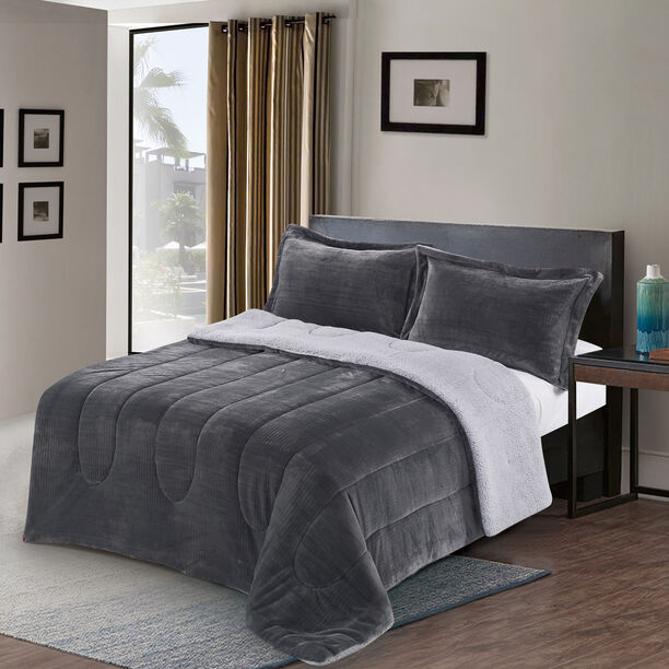 3 Pcs Cottage Flannel Comforter Twin Size Dark Gray image number 0