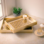 Wooden Tray Set With Glass 2 Pieces Gold Color image number 3