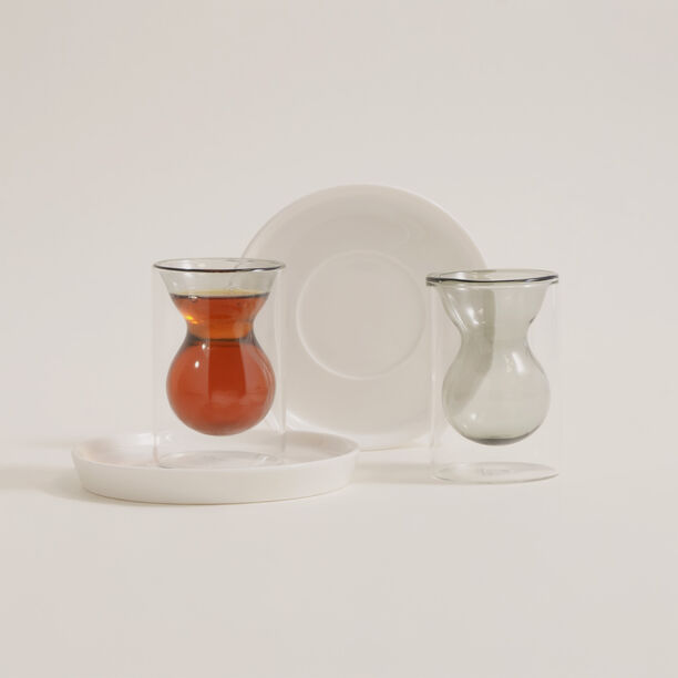 Dallaty 12 pcs double wall glass tea set with porcelain saucers, grey image number 0