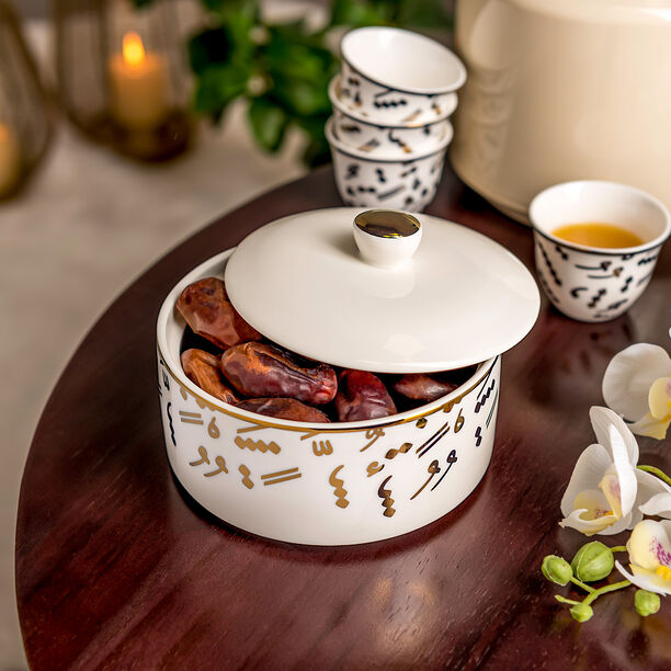 1Pc Porcelain Date Bowl Tashkeel White Gold image number 1