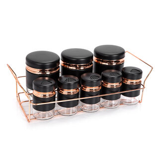 Alberto Spice Rack With8 Glass Jars With Stand Black & Rose Gold 