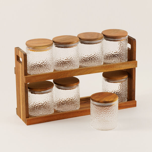 طقم برطمانات توابل 8 قطع زجاج منقوشة مع حامل خشب image number 0