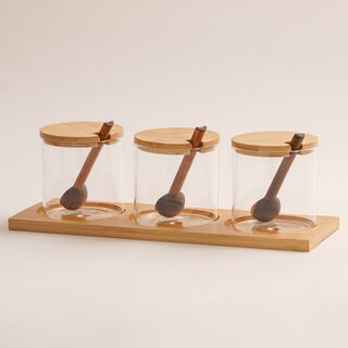 3Pcs glass storage jar set with bamboo lid and spoon and rack