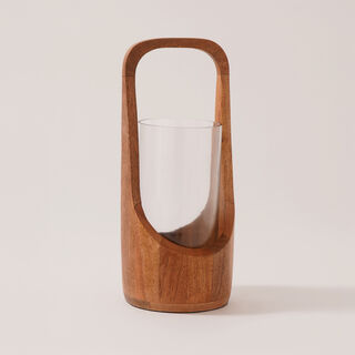 هومز حامل شموع زجاج بقاعدة من الخشب 14*14*30سم، بني