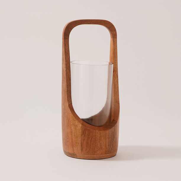 Homez glass candle holder with wood base 14*14*30cm, brown image number 0