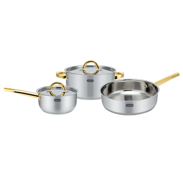 البرتو طقم قدور ٥ قطع ستانلس ستيل فضي بمقابض ذهبية image number 0