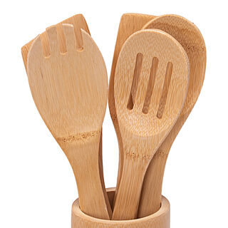 Bamboo Utensils 5 Pcs Set Inside Holder