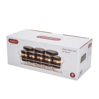 Alberto Spice Rack With8 Glass Jars With Stand Black & Rose Gold 