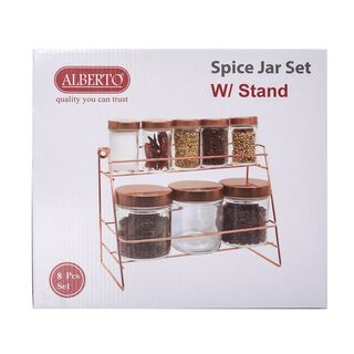 Alberto Glass Spice Jars Set 8 Pieces With Copper Lid & Stand