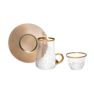 18 Pieces Tea Metalic Plate And Arabic Glass Kawa Set With Golden Glass Handle
