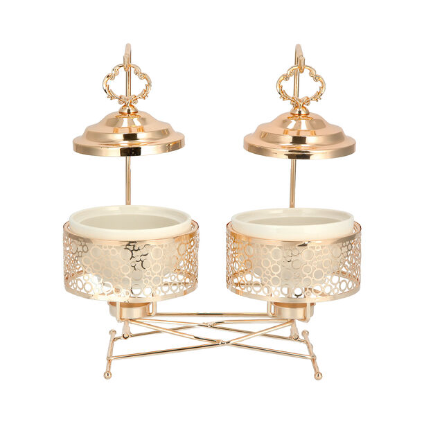 2 pieces Round Food Warmer Set With Candle Stand Gold 5" image number 1