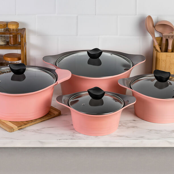 Alberto 8Pcs Cast Alumnium Cookware Set Of Casseroles W/ Glass Lid Pink image number 4