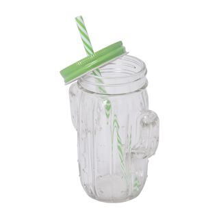 Glass Jar 450Ml With Straw Cactus Shape Clear Body