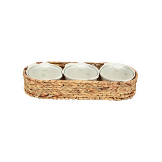 Porcelain 3Pcs Round Casseroles With Lid And Rattan Basket