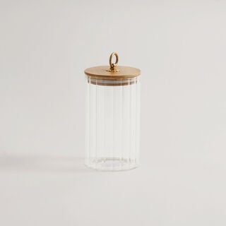 Alberto ribbed glass canister with bamboo lid 9*9*15.5cm