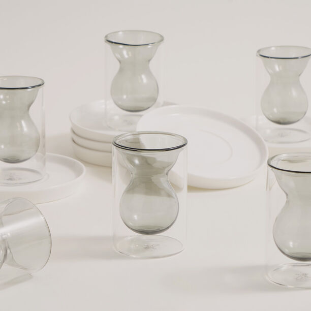 Dallaty 12 pcs double wall glass tea set with porcelain saucers, grey image number 5