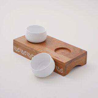 Pearl Collection La Mesa Porcelain Bowl Wood Serving Base, 2 Pieces