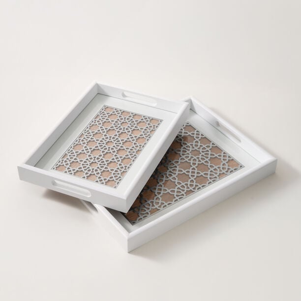 Dallaty White Wooden 2Pcs Tray Set, Large And Small, Brown Patterned image number 0