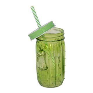 Glass Jar 450Ml With Straw Cactus Shape Colored Body