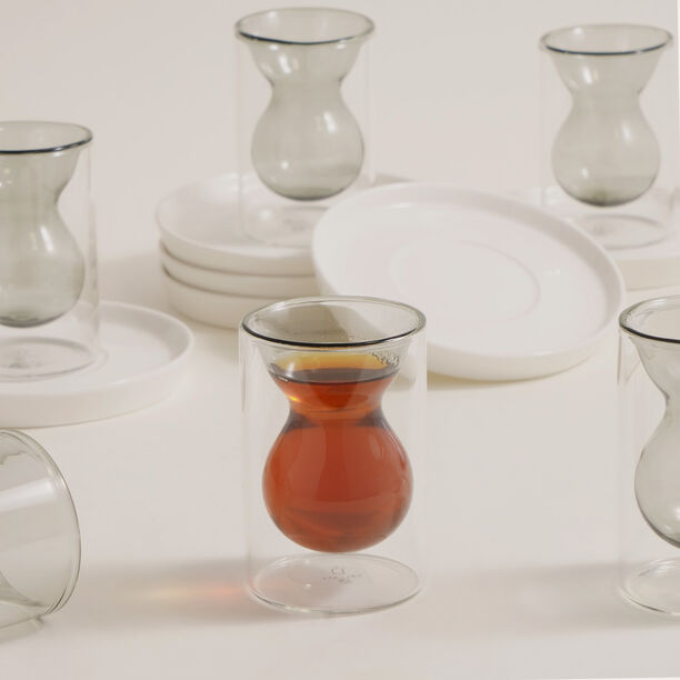 Dallaty 12 pcs double wall glass tea set with porcelain saucers, grey image number 6