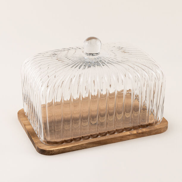 La Mesa glass cake stand with wooden base 21.5*32.5*22.5cm image number 1