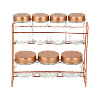 Alberto 7 Pieces Glass Spice Jars With Copper Clip Lid And Metal Stand