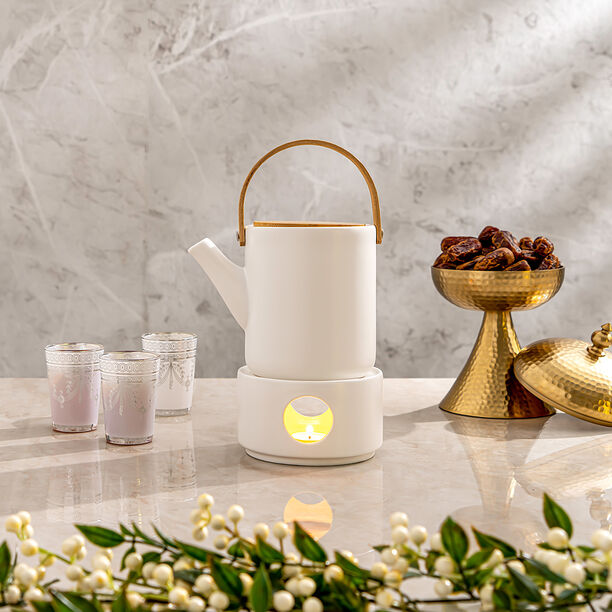 Tea Pot With Bamboo Handle And Warmer In Semi Matt image number 0
