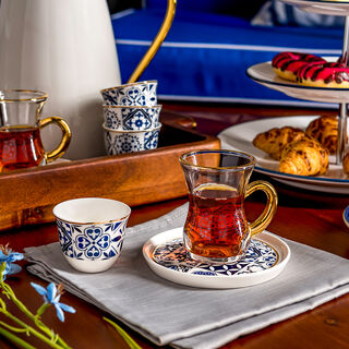 طقم أكواب شاي وفناجين قهوة سعودية زجاج وبورسلان أزرق 18 قطعة من لاميسا