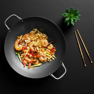 Non Stick Wok Pan With Steel Handle Round Shape Black