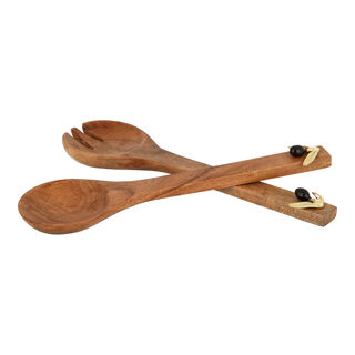 Wooden Salad Server With Olive Decoration Set Of 2 Pieces