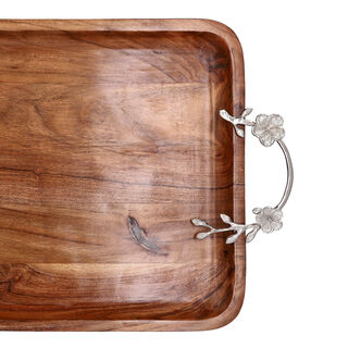 Serving Tray Silver Floral With Natural Wood Base