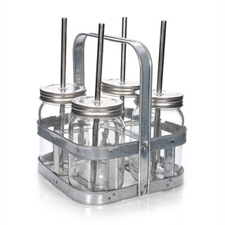 Alberto 4 Pieces Glass Drinking Jars With Metal Strew And Holder 