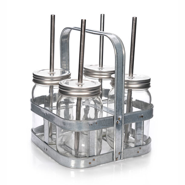 Alberto 4 Pieces Glass Drinking Jars With Metal Strew And Holder  image number 0