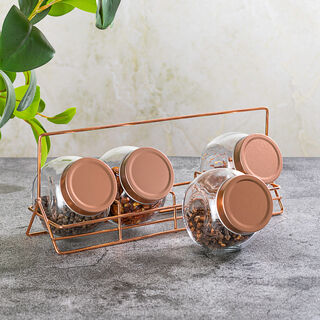 Alberto 4 Pieces Glass Spice Jars With Copper Clip Lid And Metal Stand