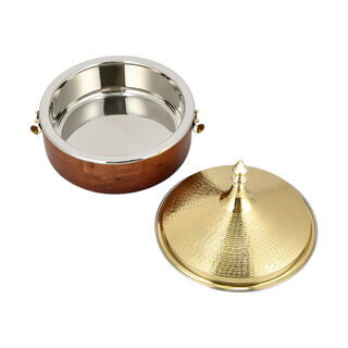 FOOD WARMER ,WITH LID HAMMERED GOLD CO DIA