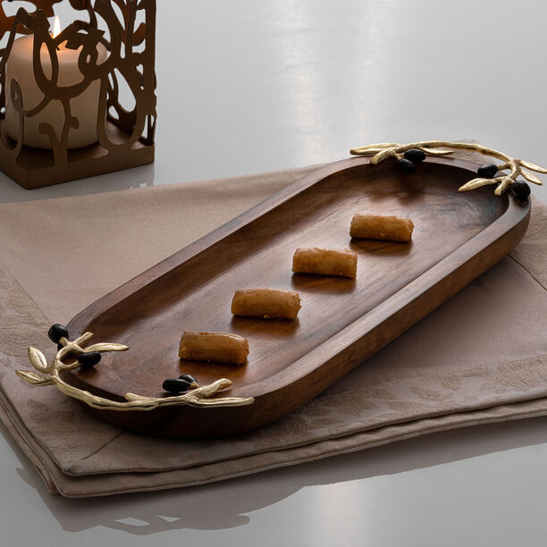 صينية تقديم خشبية بيضاوية الشكل تصميم الزيتون مقاس 40 سم image number 3