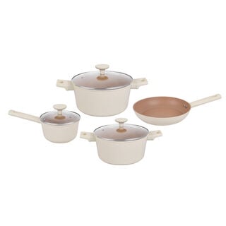 بنتولا طقم قدور 7 قطع ألومنيوم غير لاصق مع أغطية زجاج، أوف وايت