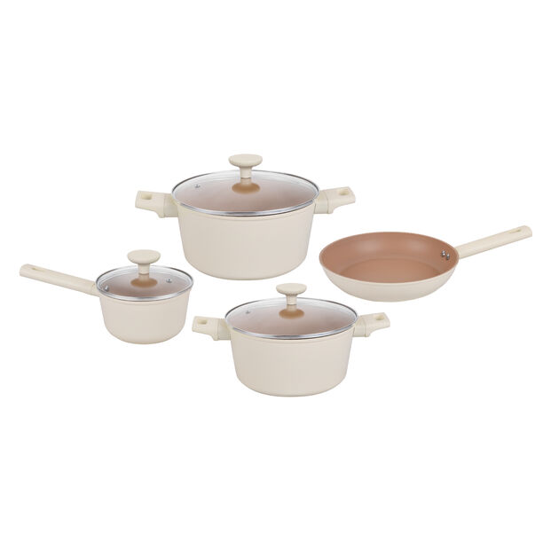 بنتولا طقم قدور 7 قطع ألومنيوم غير لاصق مع أغطية زجاج، أوف وايت image number 2