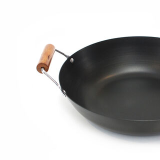 Non Stick Wok Pan With Wood Handle Round Shape Black