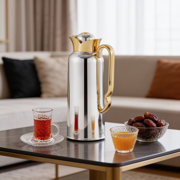 Dallaty Stainless Steel Thermos, White and Gold, 1L image number 1