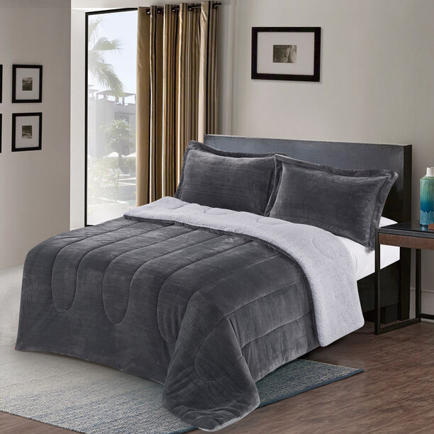 3 Pcs Cottage Flannel Comforter Twin Size Dark Gray image number 1