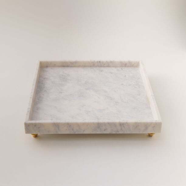 Homez white marble square tray with brass feet 38*38*6.35cm image number 1