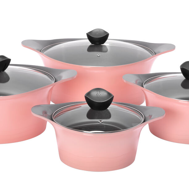 Alberto 8Pcs Cast Alumnium Cookware Set Of Casseroles W/ Glass Lid Pink image number 3