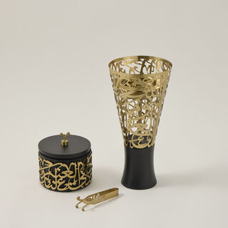 Ambra gold metal arabic calligraphy oud burner with a box and a picker 14*14*28 cm